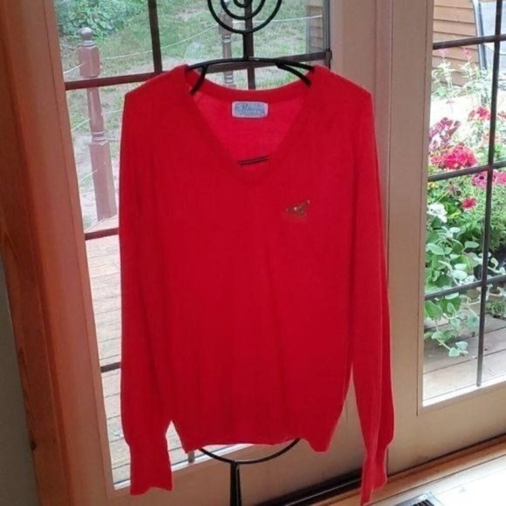 Pickering Vintage Embroidered "Eagle Ridge" Red Wool V-neck LS Sz L Sweater
